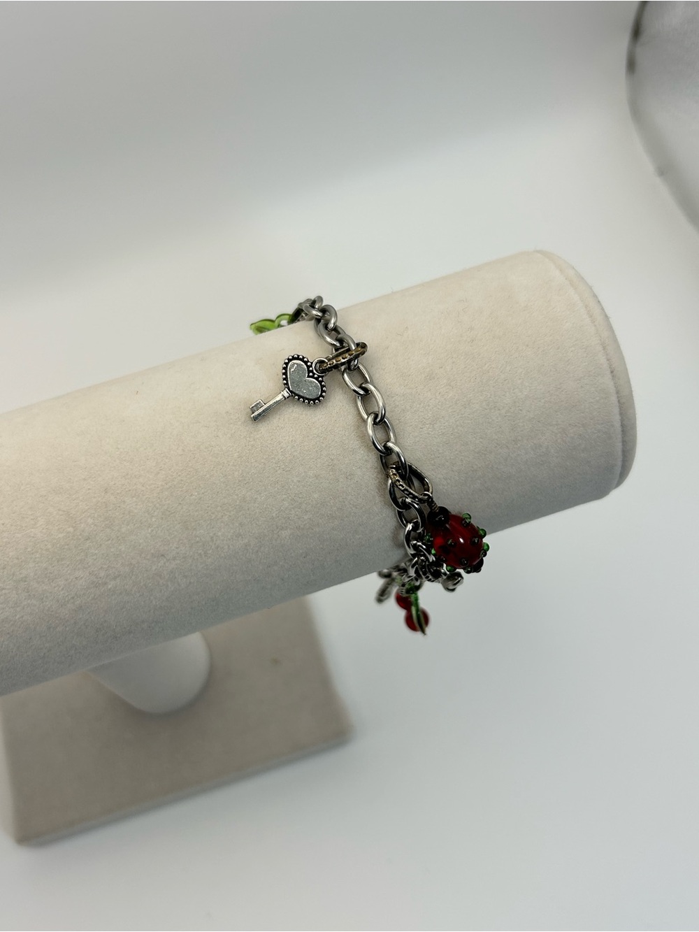Red Cherry Charm Bracelet Silver-tone Strawberry Hearts Clover Oval Link 8" - Picture 6 of 10
